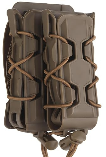 Porte-chargeurs Double - Compatible Molle et Fixation Ceinture, système de détachement Rapide pour chargeurs 5,56 et 9 mm, Maintien sécurisé pour la Chasse et Le tir (Khaki)