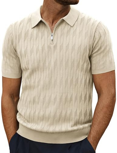 PJ PAUL JONES Mens Polo Shirts Stretch 1/4 Zip Knitted Tshirt Golf Tops | Breathable Knitted Polos for Summer,Retro Ribbed Textured