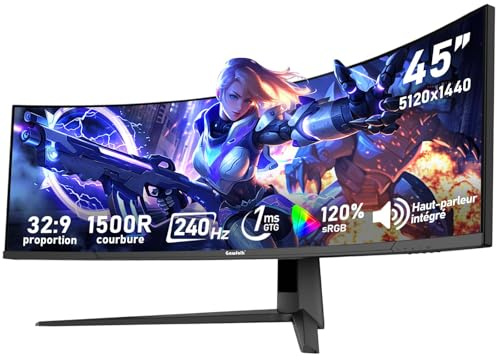 Gawfolk Écran PC Gaming incurvé Ultra-Large 45 Pouces, courbure 1500R, Moniteur DQHD(5120×1440), 240Hz, 1ms, FreeSync, 120% sRGB, Haut-Parleur intégré, Ports HDMI 2.1&DP 1.4, Compatible Murale –Noir