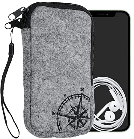 kwmobile Custodia in feltro con zip per Smartphone L - 6,5 - Astuccio portacellulare a sacchetto con cerniera e ricamo - Borsa Bussola vintage nero/grigio chiaro