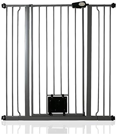 Bettacare Haustiergitter mit Verriegelbarer Katzenklappe, 100.8cm - 108.4cm, Schiefergrau, 104cm in der Höhe, Extra Hohes Haustier Sicherheitsgitter mit Katzenklappe, Einfache Installation