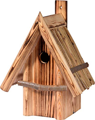 dobar® 13070e Nistkasten Hexenhaus Ø 32 mm - Nisthöhle für Wildvögel - Nistkasten Massivholz - Nisthilfe mit Schilfdach Vogelhaus für Höhlenbrüter - 26 x 19 x 33 cm - Geflammt