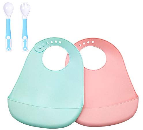 Silicone Bibs Waterproof for Baby + Trainning Spoon, Treer Soft Adjustable Roll up Feeding Bibs Drool Bibs Wipe Clean with Food Catcher Pocket for Infants Toddlers (Solid Color)