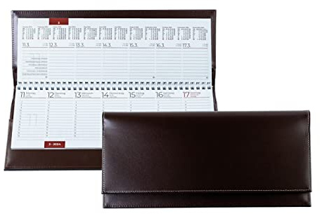 DELMON VARONE - Tischquerkalender 2027 Cambridge Top Grain Leder Braun - Tischkalender Quer 1 Woche auf 2 Seiten - Echtleder Wochenplaner Kalender - Büro & Schreibtisch Wochenkalender Organizer