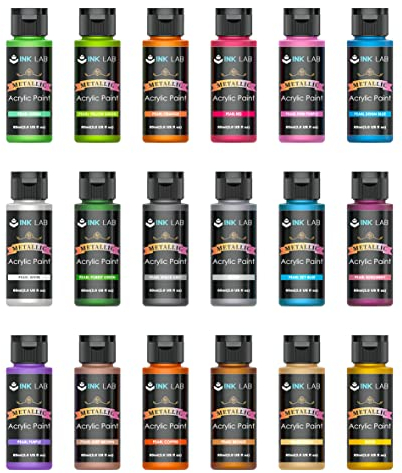 INK LAB Metallic Acrylic Paint Set 18 Colors Non Toxic Metallic Paints for Artists Beginners Painting on Rocks Crafts Canvas Fabric Wood, Rich Pigment & No Fading, 60ml/Bottle