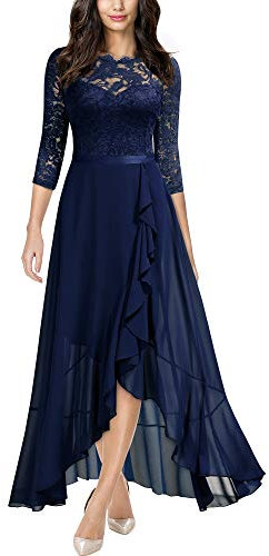 MIUSOL Women's Elegant Scoop Neck Floral Lace Formal Wedding Maxi Dress (Large, Navy Blue)