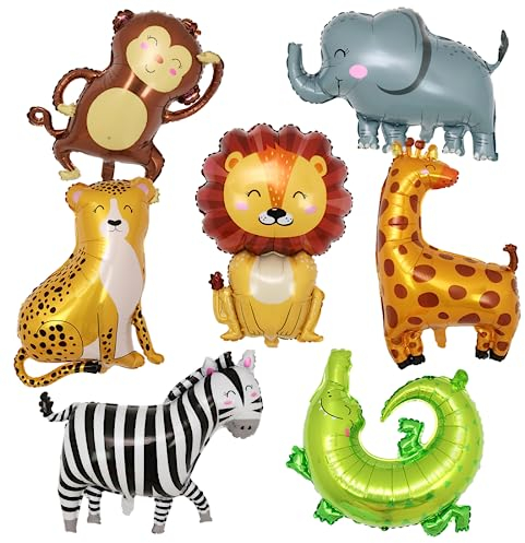 XXL Folienballon Animals, Pack of 7 Foil Balloons, Tier Luftballons, Dschungel Tiere Luftballons, Forest Animals Lion Tiger Balloon, Helium Balloons Animals for Children Birthday Party Decoration