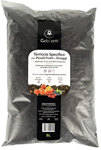 GebEarth® - Terriccio Specifico per Piccoli Frutti e Ortaggi da 5 Litri, Ideale per Coltivare Ortaggi da Balcone e Piccoli Frutti Come Fragole e Frutti di Bosco【 100% Bio 】