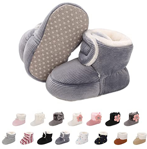 Baby Neugeborene Fleece Bootie, Winter Warme rutschfeste Weiche Sohle Winterschuhe Sock Schuhe Niedlich Einstellbar Krabbelschuhe Prewalker Stiefel für Mädchen Jungen Kleinkind Gr.0-18 Monate Grau