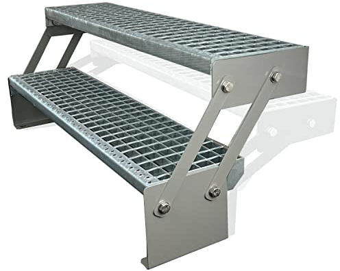 Kaminbau Mierzwa Premium ståltrappa, justerbar, galvaniserad och silver, pulverlackerad, 2 steg (bredd 100 cm) (höjd 34–42 cm), väderbeständig, gallersteg, trädgårdstrappa, altandörrrrrtrappa