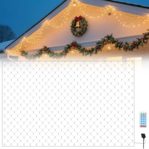 Froadp LED-ljusnät, solcellsljusslinga för utomhusbruk, 6 x 4 m, julbelysning, 480 lysdioder, ljusslingor, gardin med fjärrkontroll och 8 ljuslägen, varmvita älvlampor för inomhus, utomhus, trädgård, fest