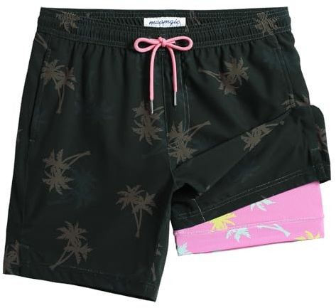 maamgic Mens Swim Trunks with Compression Liner 7 Inch Inseam Mens Bathing Suit Quick Dry Swimming Trunks Swimsuit Palmtree Black Pink Large