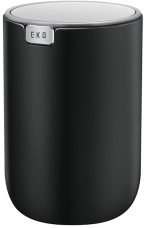 EKO Mini Tischmülleimer mit deckel, 1,5 L Kosmetikeimer Schwarz, Kleiner Tischabfalleimer für Bad, Schreibtisch, Schlafzimmer oder Auto, Mülleimer mit Edelstahl-Sockel, Small Table Bin, Papierkorb