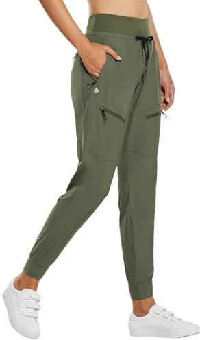 baleaf Women's Joggers 28'' Lightweight Hiking Pants High Waist 5 Zipper Pockets Quick Dry Travel Athletic UPF50+ Rifle Green S
