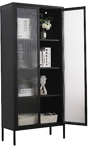 Mein-Regal Glasvitrine - Vitrine Glasgow Schrank Modern Wohnzimmer Möbel Industrial Style - Metall Vitrinenschrank in Schwarz Türen und Einlegeböden - Mehrzweckschrank 180x80x35 cm (Black)