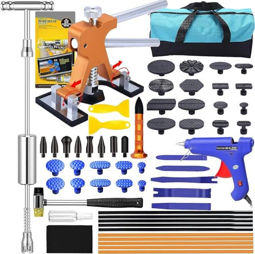 Randalfy Kit Reparador de Abolladuras - 59pcs Saca Golpes de Coche Kit de Desabollado con Martillo Deslizante Desabollador de Barra en T y Desabollador Ajustable, Kit Reparación Chapa Coche