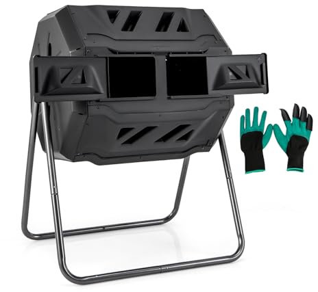 GOPLUS Compostador de tambor de 160 l con 2 cámaras, 2 puertas correderas, marco de metal y 16 rejillas de ventilación, sin BPA, compostador de jardín para residuos orgánicos y de jardín, incluye