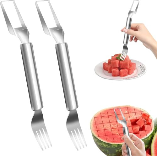2 in 1 Frutta in Acciaio Inossidabile Forchetta, Nuova Affettatrice Forchetta Anguria, Strumento da Taglio di Anguria a Doppia Testa per Cucina (2PCS)