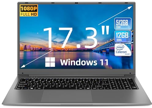 SGIN 17,3 Zoll Laptop 12 GB RAM 512 GB SSD Speicher (TF-Karte 512 GB), Celeron N5095A Prozessor, FHD 1920 x 1080 IPS, 5000 mAh Akku, Full Size Keyboard, 2 x USB 3.0, Dual Band WiFi