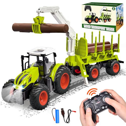 Herenear Ferngesteuerter Traktor 2.4 Ghz, 1:24, RC Spielzeug für Kinder Ab 3-7 Jahren, Mit Anhänger, Holzgreifer Und 3 Baumstämmen, Holztransporter