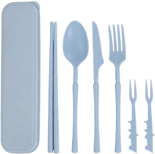 Juego de cubiertos portátil con estuche, cubiertos de plástico reutilizables, cuchillo, tenedor, cuchara, palillos, vajilla, juego de cubiertos de viaje para camping, picnic, oficina, escuela o uso