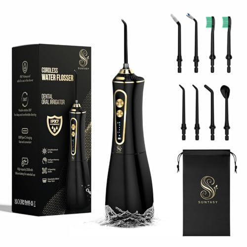 SUNTASY Water Flosser for Teeth, Cordless Oral Irrigator, 5 Cleaning Modes, 300ml Detachable Tank, USB-C Rechargeable Dental Water Jet, 8 Jet Tips, IPX7 Waterproof for Braces, Implants, Home & Travel