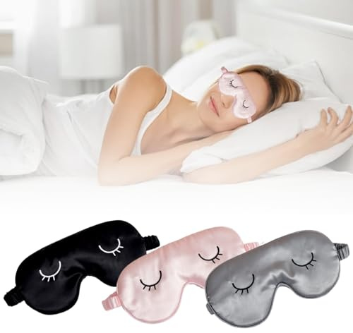 3 Pièces Masque de Sommeil en Soie, Masque Yeux Voyage, Cache Oeil Soie avec Sangle Élastique, Cache Yeux pour Dormir Anti-lumière, Bloque la lumière, pour Siestes, Méditation (Rose Gris Noir)