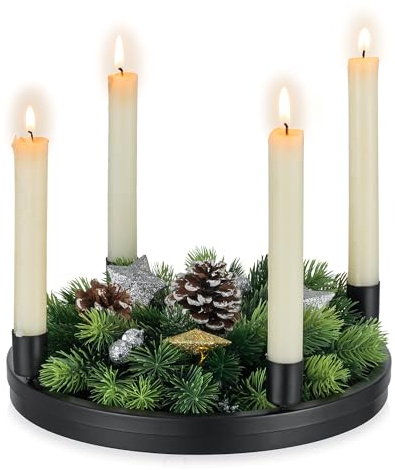 Hanobe Corona de Adviento de madera, portavelas: soporte para velas de Adviento, decoración para velas de Adviento, redondo, bandeja de velas, color negro con soporte de metal