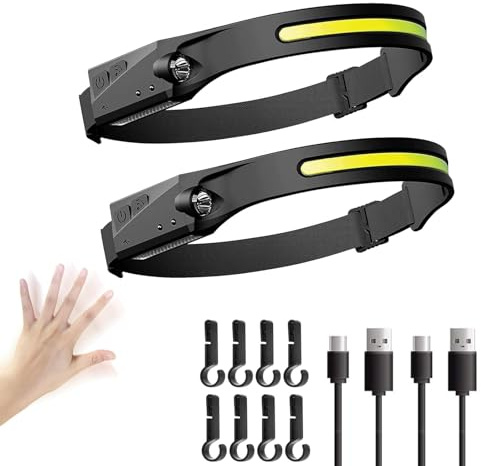 YXtecd 2 torce da testa ricaricabili, a LED, super luminose, fascio largo di 230°, con sensore di movimento, impermeabile, leggera, per campeggio, corsa, pesca, con 8 clip