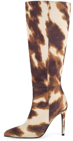 Vecipatcare Cow Print Leopard Print Knee-High Boots Pointed Toe Heeled Stiletto Fashion with Side Zipper Tall Boot Brown Size14