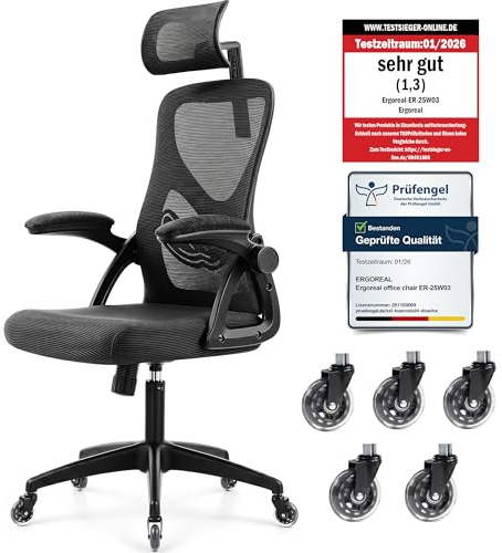 Ergoreal Ergonomischer Mesh‑Bürostuhl für Home Office, mit Verstellbarer Lendenstütze & 2D‑Kopfstütze, klappbare Armlehnen, leise PU‑Rollen, stabile Gasfeder Klasse 3, bis 150 kg(Tiefe Schwarz)