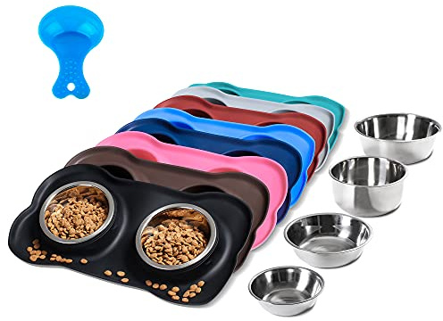 Tapis d’alimentation pour chiens Hubulk en silicone, antidérapant avec 2 bols en acier inoxydable + Cuillère d’alimentation pour chiens, chats et chiots