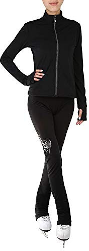 LIUHUO Eiskunstlauf Blumendruck Jacke Hose Fleece-Hosen für Mädchen schwarze Hosen für Frauen Kostüme, Schwarz, Kids 6-8