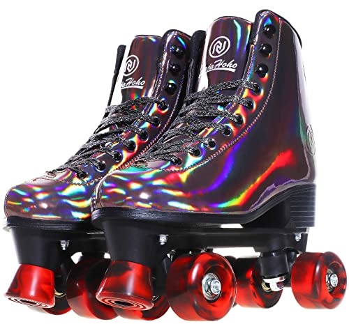 JajaHoho Roller Skates for Women and Men, Holographic High Top Classic Rollerskates, Shiny Double-Row Four Wheels Quad Skates for Girls, Age 8-50 Indoor & Outdoor (Size 7, Golden Black)