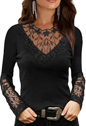 Onsoyours Chemisier Sexy Femme Tunique Haut Manches Longues Évidé Top Automne Blouse Dentelle Chemisier Col V T-Shirt Chic Noir 01 M