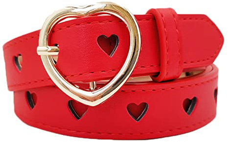 B-HOT Womens Retro Adjustable Heart Hole Belt Ladies Skinny PU Leather Waist Belts with Heart Buckle for Dress Red