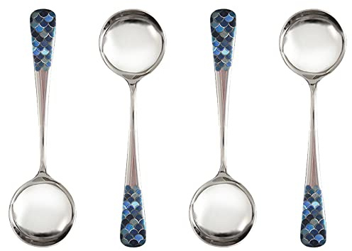 Stainless Steel Coffee Round Spoon,Korean Dessert Spoon,Fish Scale Pattern Mixed Color Tea Spoons for Home, Kitchen or Restaurant, Set of 4 Coffee Spoons, 6 Inches.