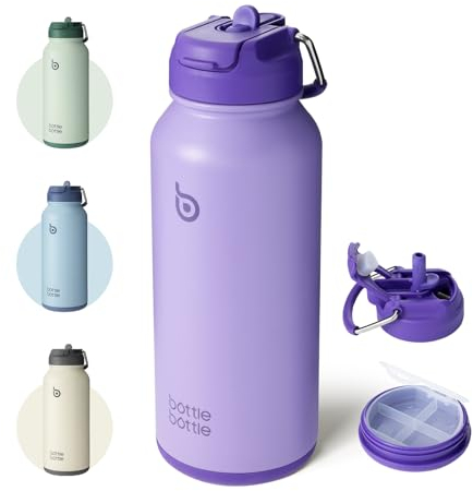 bottlebottle BOTTLE BOTTLE Edelstahl Trinkflasche 1L mit Strohhalm – Auslaufsichere Isolierflasche für Sport & Fitnessstudio, mit Pillenfach, BPA-frei, doppelwandig (Violett)