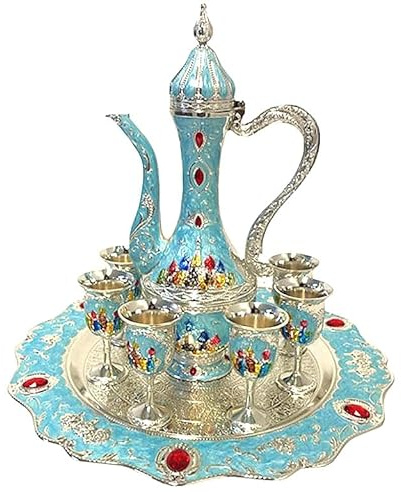 Turkish Classic Vintage All Metal Coffee Tea Cup Saucer Large Teapot Set Red Gift Box All Metal Silver Turquoise Blue Ruby Iranian Persian Arabic Arab Middle Eastern