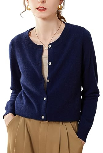 DISSA Gilet Cachemire Femme Col Rond Bleu Marine Solide Couleur Tricoté en Vrac Manches Longues Fin Cardigan en Cachemire et Laine,36,SPR1201