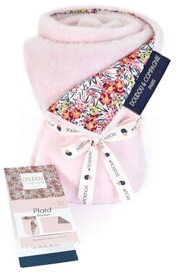 DOUDOU ET COMPAGNIE - Plaid Douceur Rose et Fleuri - Collection BOH'AIME FAON - 70 x 100 cm - Recto Imprimé 100% Coton - Verso Rose 100% Peluche - Sieste Confort - Cadeau naissance Bébé - DC4036