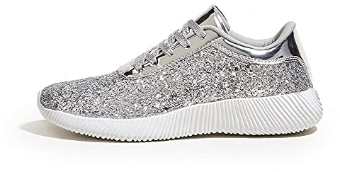 LUCKY STEP Women's Glitter Shoes Sparkly Lightweight Metallic Sequins Tennis Sneakers (Silver, 7US-37EU-4UK)
