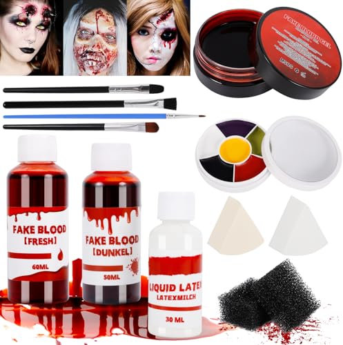 ZQEJEFD Kit Faux Sang Halloween, Faux Sang Foncé+Faux Sang Frais+Gel de Faux Sang+Latex+6 Couleurs Halloween Maquillage+Pinceau Maquillage et éponge,Festival Étapethéâtral Cicatrice Plaie SFX Makeup