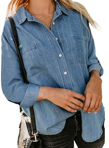 RLEHJN Damen-jeansjacken Vintage, Strickjacke Damen Tasten Jeans Jacke einfarbig Arbeitsmantel mit Taschen einfarbig Umlegekragen Langarm Hemden Herbstjacke