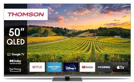 THOMSON 50 Pouces (126 cm) QLED Pied Central Google Smart TV, Wi-FI, Dolby Audio, HDR10, Bluetooth 5.1, Triple-Tuner (Câble/Satellite/Antenne), HDMI, CI+, Panneau A+ – 50QG5C14