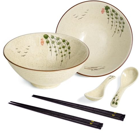 Ramen Lot de 2 bols à soupe en céramique de 1200 ml avec baguettes et cuillères - Style japonais - Grand saladier - Passe au micro-ondes et au lave-vaisselle - Branches