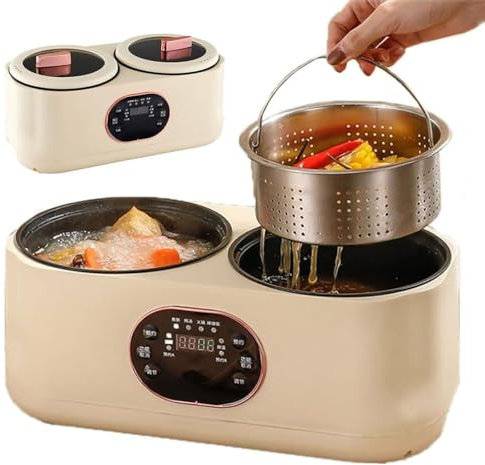 Slow Cooker Doppia - Pentola elettrica completamente automatica con display digitale, capacità 1,8 L + 1,8 L, pentola elettrica antiaderente, cuoci-riso con timer da appuntamento