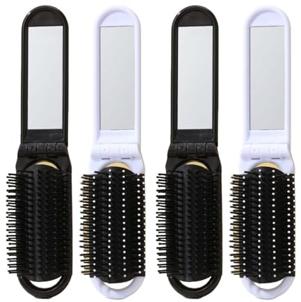 Folding Hair Brush - ShiningUU ​4 Pack Mini Travel Hairbrush with Mirror | Compact Anti-Static Comb for Women | Hair Styling Tools for Women Girls Home Travel Gym Purse (Black and White)​