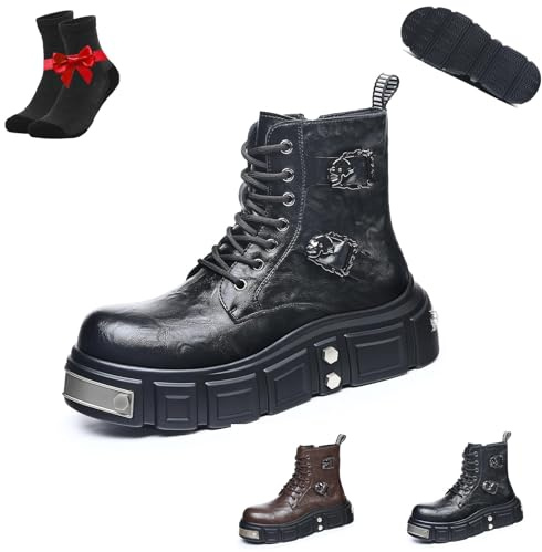 Kirposh Men's Gothic Punk Ankle Boots,Lace up Side Zip Combat Booties,Leather Platform Boots,Non-slip Height Increasing(Black,7 UK)