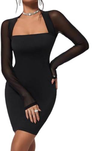 Gkaopi Vestito Donna Sexy Aderente Mesh Maniche Lunghe Mini Abito Vestito Corto Scollo Quadrato Elegante Trasparente Abito da Sera Casual Bodycon Vestitos per Cocktail Festa Tubino Autunno